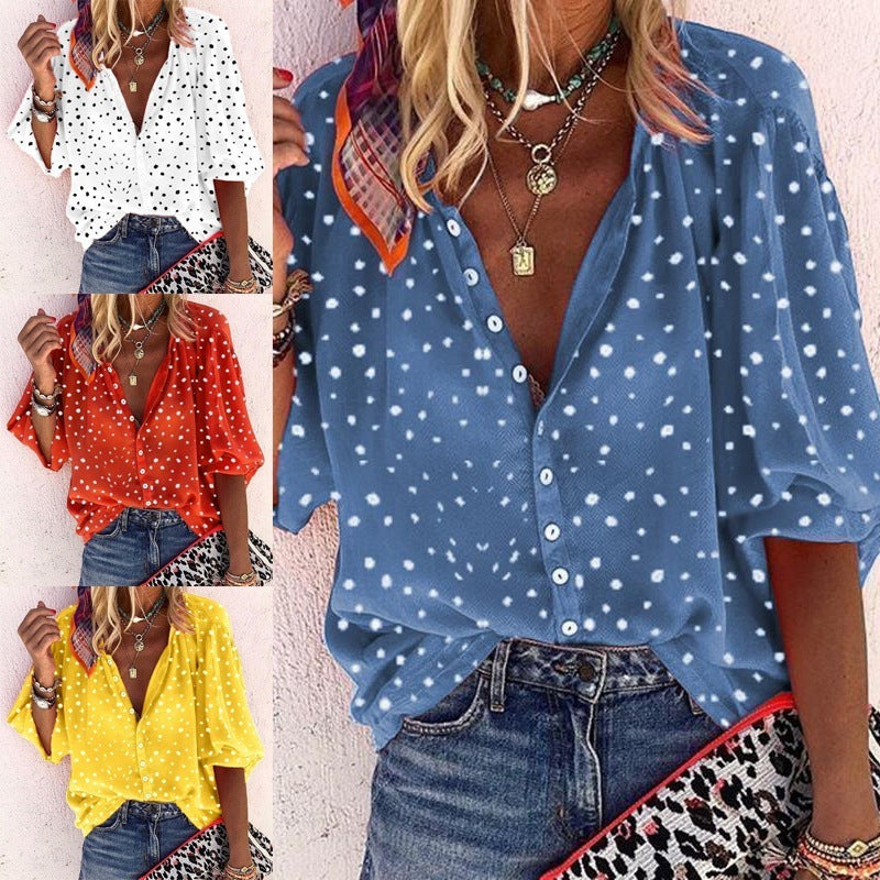 Printed Long Sleeve V-neck Button Ladies Blouse