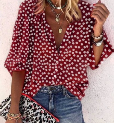 Printed Long Sleeve V-neck Button Ladies Blouse