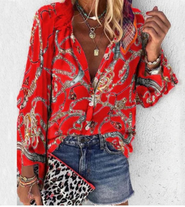 Printed Long Sleeve V-neck Button Ladies Blouse
