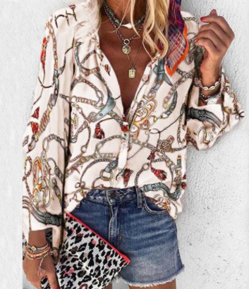 Printed Long Sleeve V-neck Button Ladies Blouse