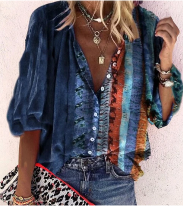 Printed Long Sleeve V-neck Button Ladies Blouse
