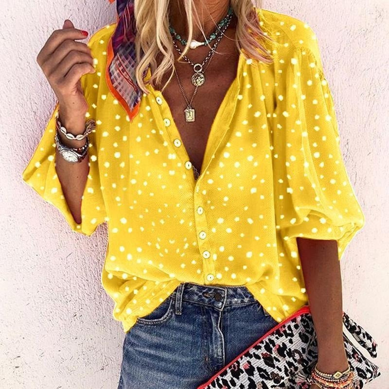 Printed Long Sleeve V-neck Button Ladies Blouse