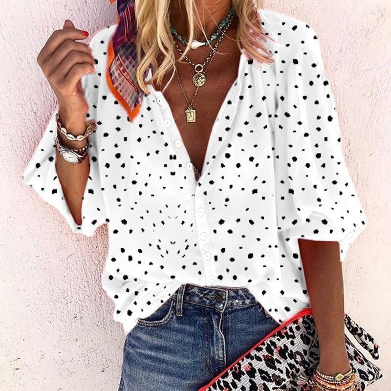 Printed Long Sleeve V-neck Button Ladies Blouse