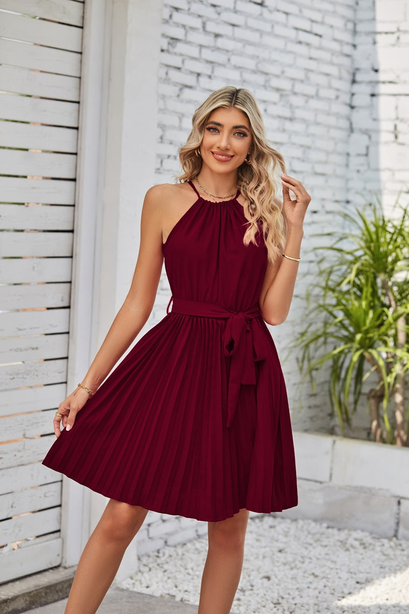 Solid Pleated Skirt Sundress
