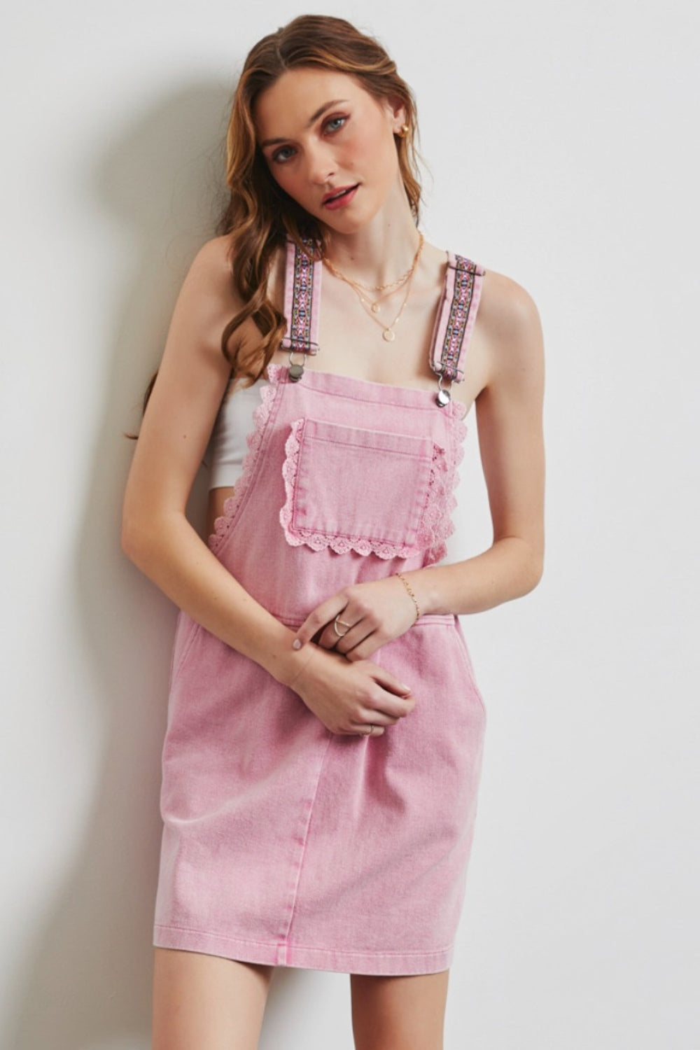 HEYSON Lace Trim Washed Overall Dress HappilyEverGirl HEYSON Lace Trim Washed Overall Dress HappilyEverGirl
