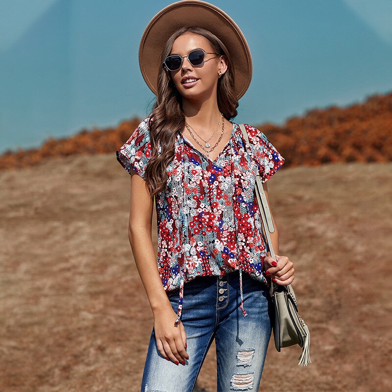 Chiffon Shirt V-neck Floral print
