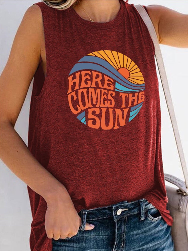 Here Comes The Sun Printed Funny Sleeveless Round Neck Top