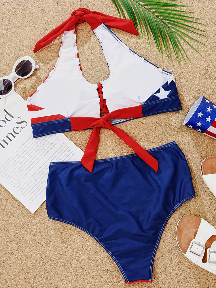 Lace Up Stars and Stripes Bikini Set