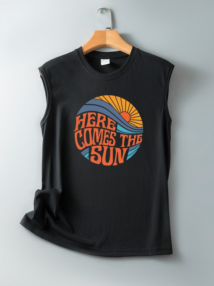 Here Comes The Sun Printed Funny Sleeveless Round Neck Top