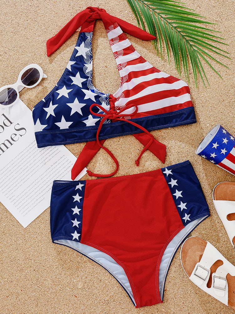 Lace Up Stars and Stripes Bikini Set