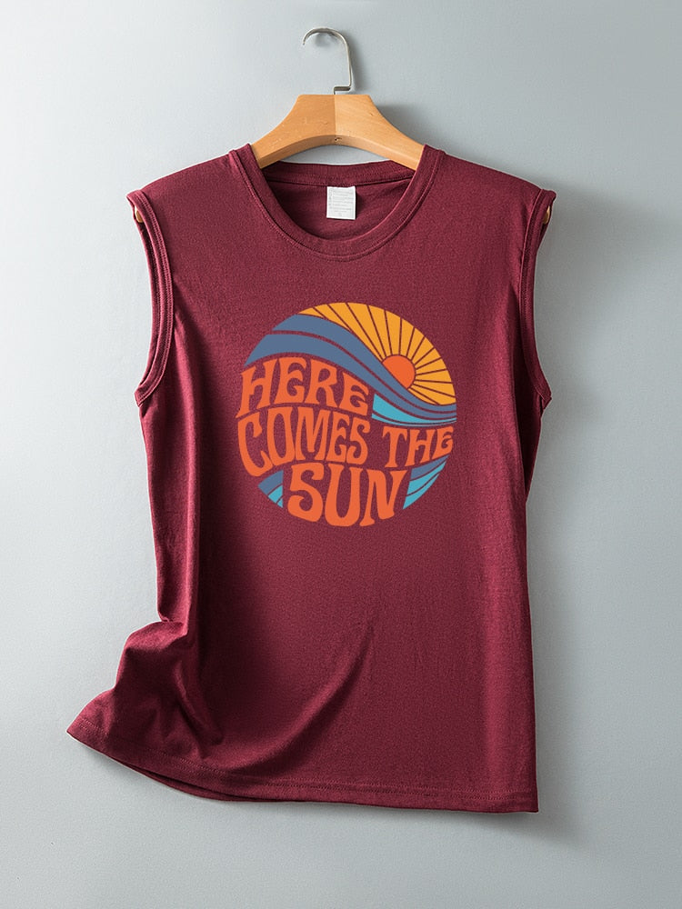 Here Comes The Sun Printed Funny Sleeveless Round Neck Top