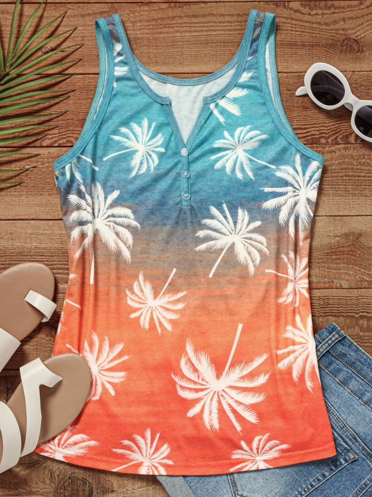 Gradient Coconut Tree Button Tank Top