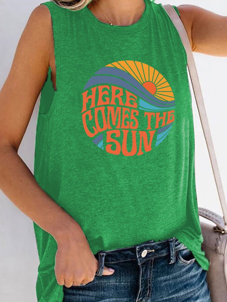 Here Comes The Sun Printed Funny Sleeveless Round Neck Top