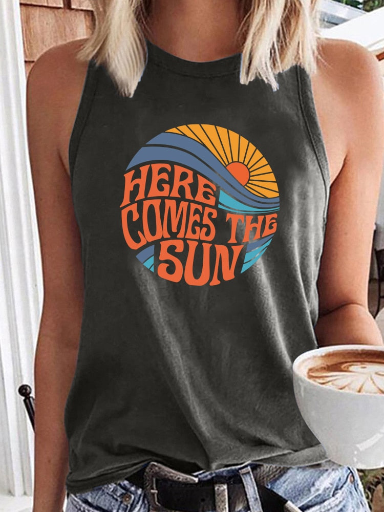 Here Comes The Sun Printed Funny Sleeveless Round Neck Top