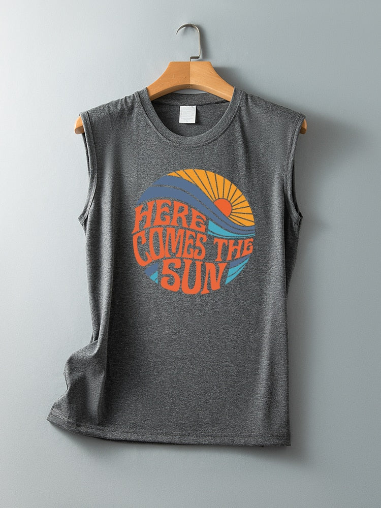 Here Comes The Sun Printed Funny Sleeveless Round Neck Top