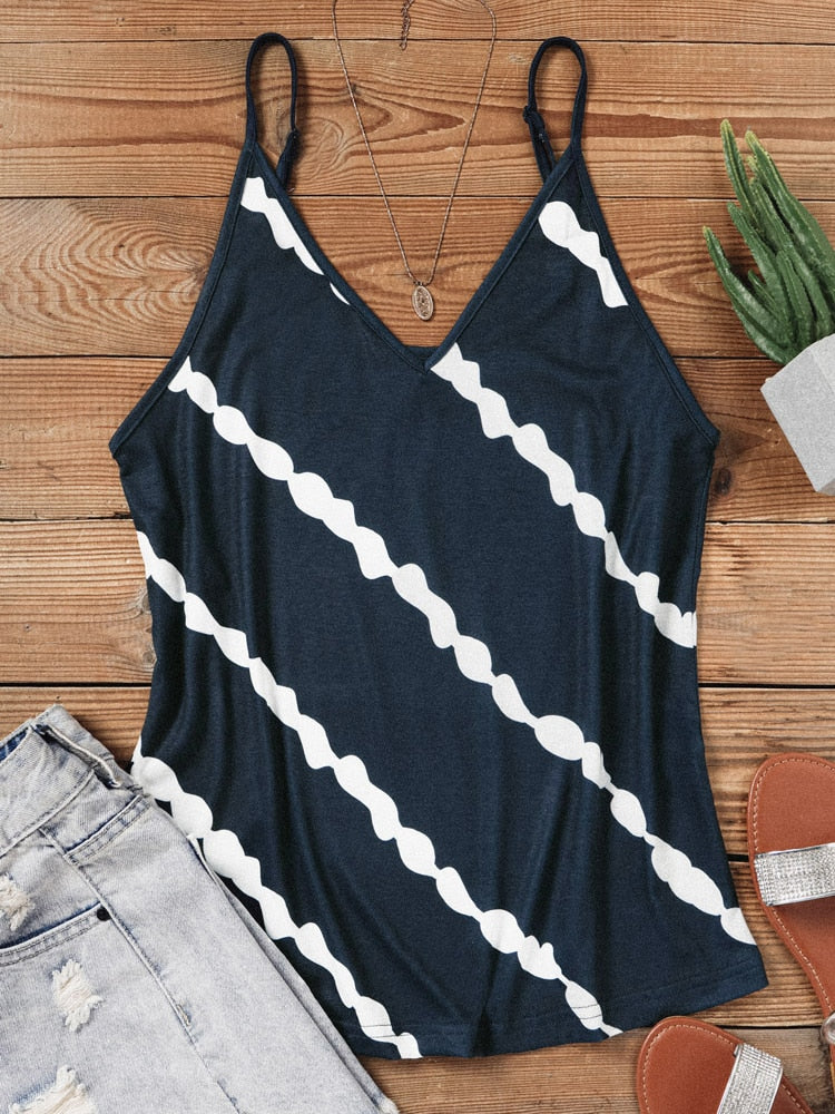 V Neck Striped Spaghetti Strap Camisole Casual Tank Top