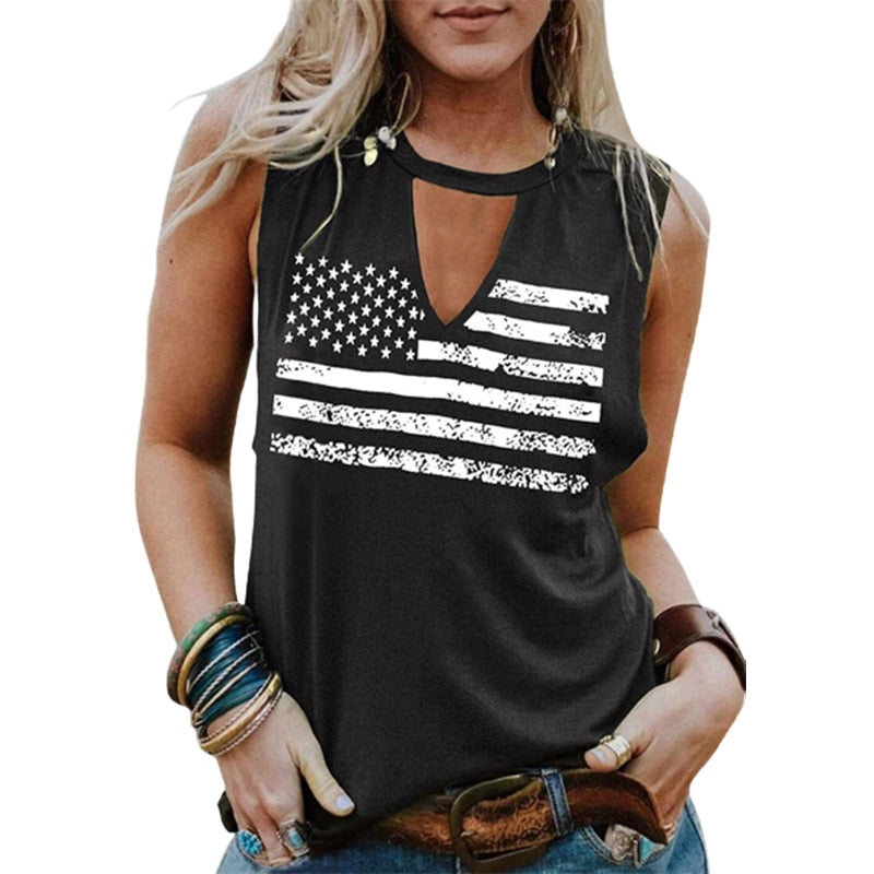 American Flag Tank Top Hollow Out Keyhole Neck