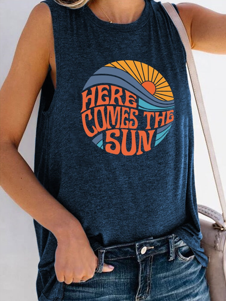 Here Comes The Sun Printed Funny Sleeveless Round Neck Top