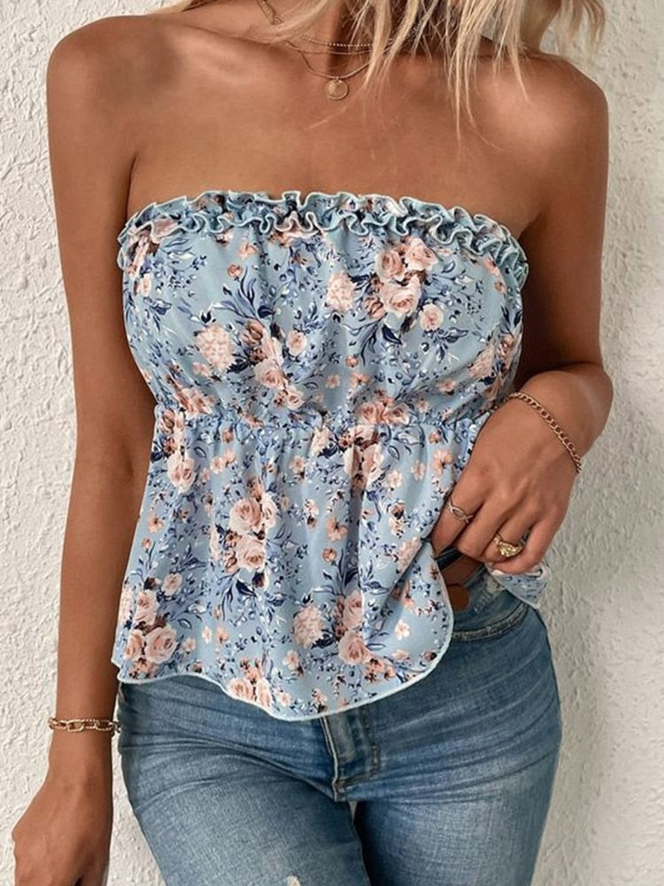 Strapless Sleeveless Tube Top Floral Print