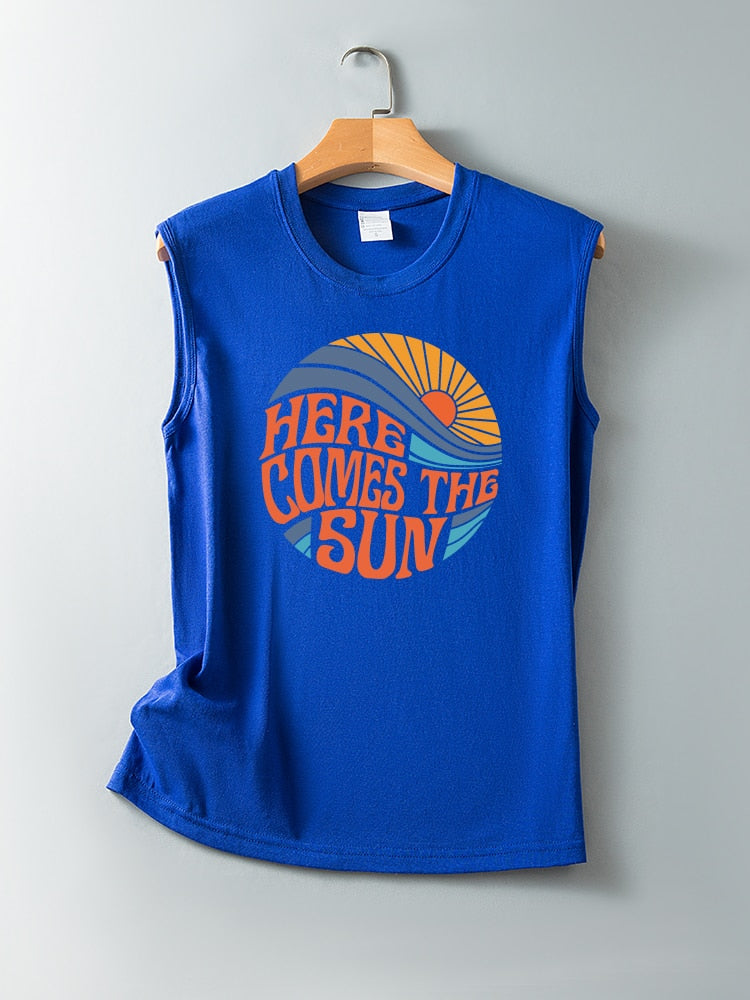 Here Comes The Sun Printed Funny Sleeveless Round Neck Top