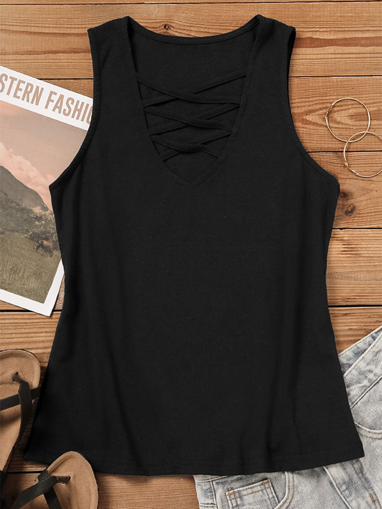 Sleeveless Deep V Neck Criss Cross Tank