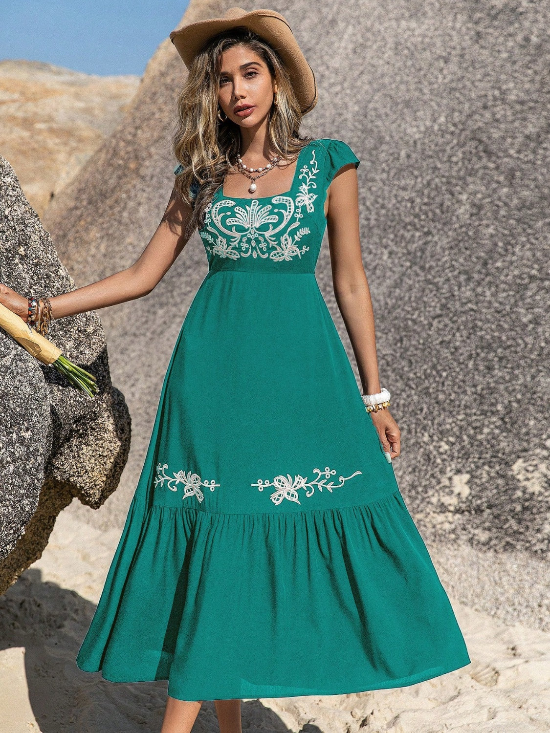 Embroidered Square Neck Cap Sleeve Dress Embroidered Square Neck Cap Sleeve Dress