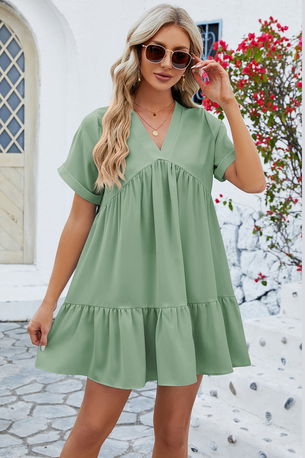 Ruched Tiered V-Neck Short Sleeve Mini Dress HappilyEverGirl Ruched Tiered V-Neck Short Sleeve Mini Dress HappilyEverGirl