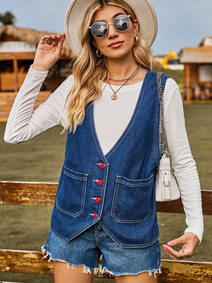 Denim Vest With Snap Button And Ribbon Bow
