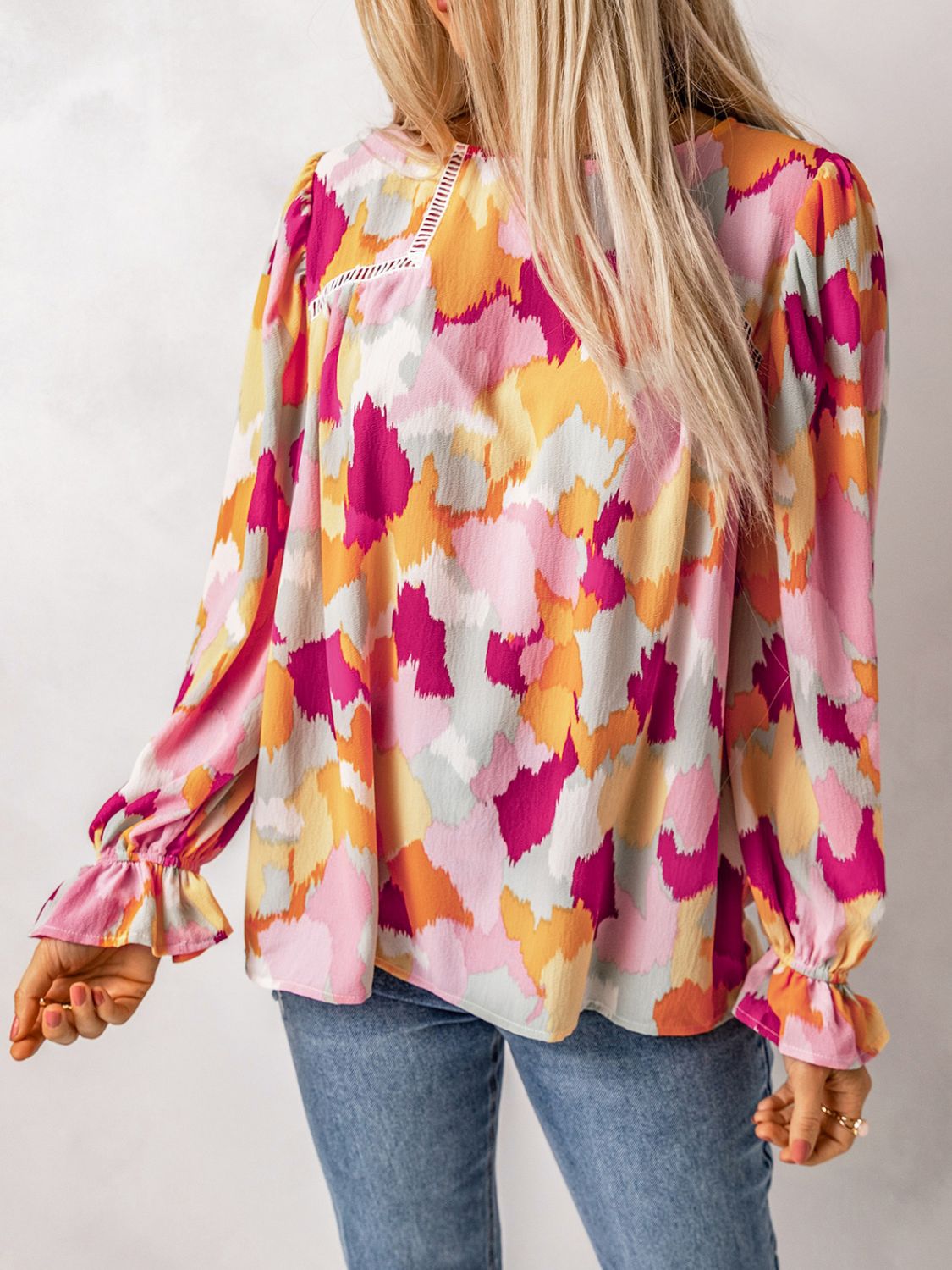 Printed Flounce Sleeve Buttoned Blouse