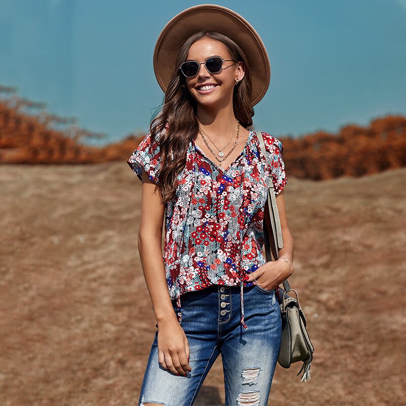 Chiffon Shirt V-neck Floral print