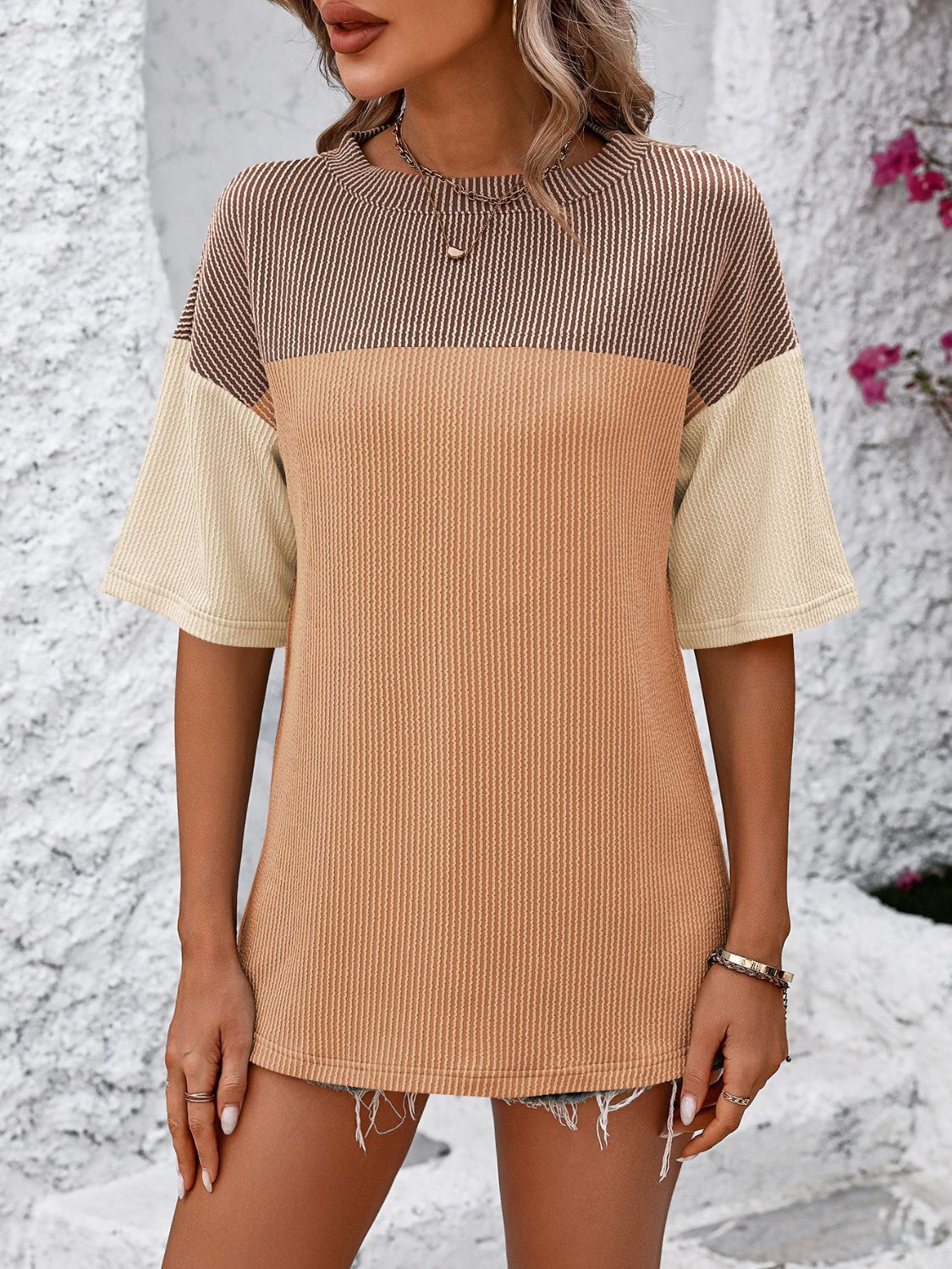 Color Block Round Neck Half Sleeve T-Shirt