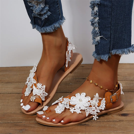Lace Flowers Ankle Strap Flat Summer Sandals