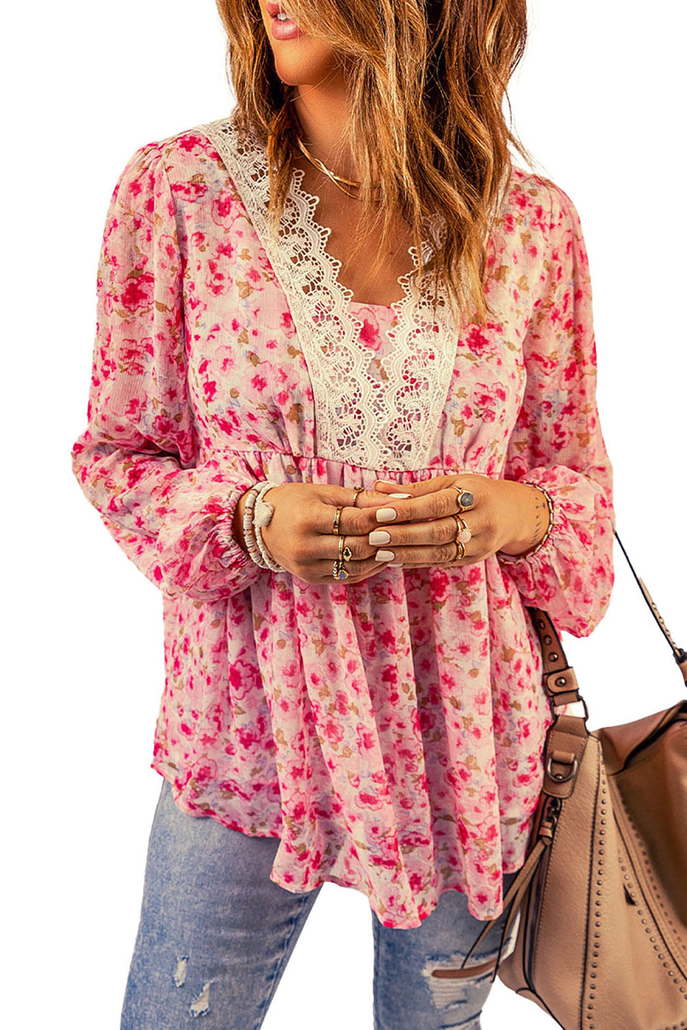 Floral Lace Trim Balloon Sleeve Blouse