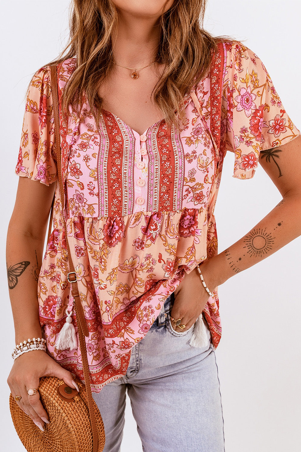 Bohemian Buttoned Short Puff Sleeve Blouse