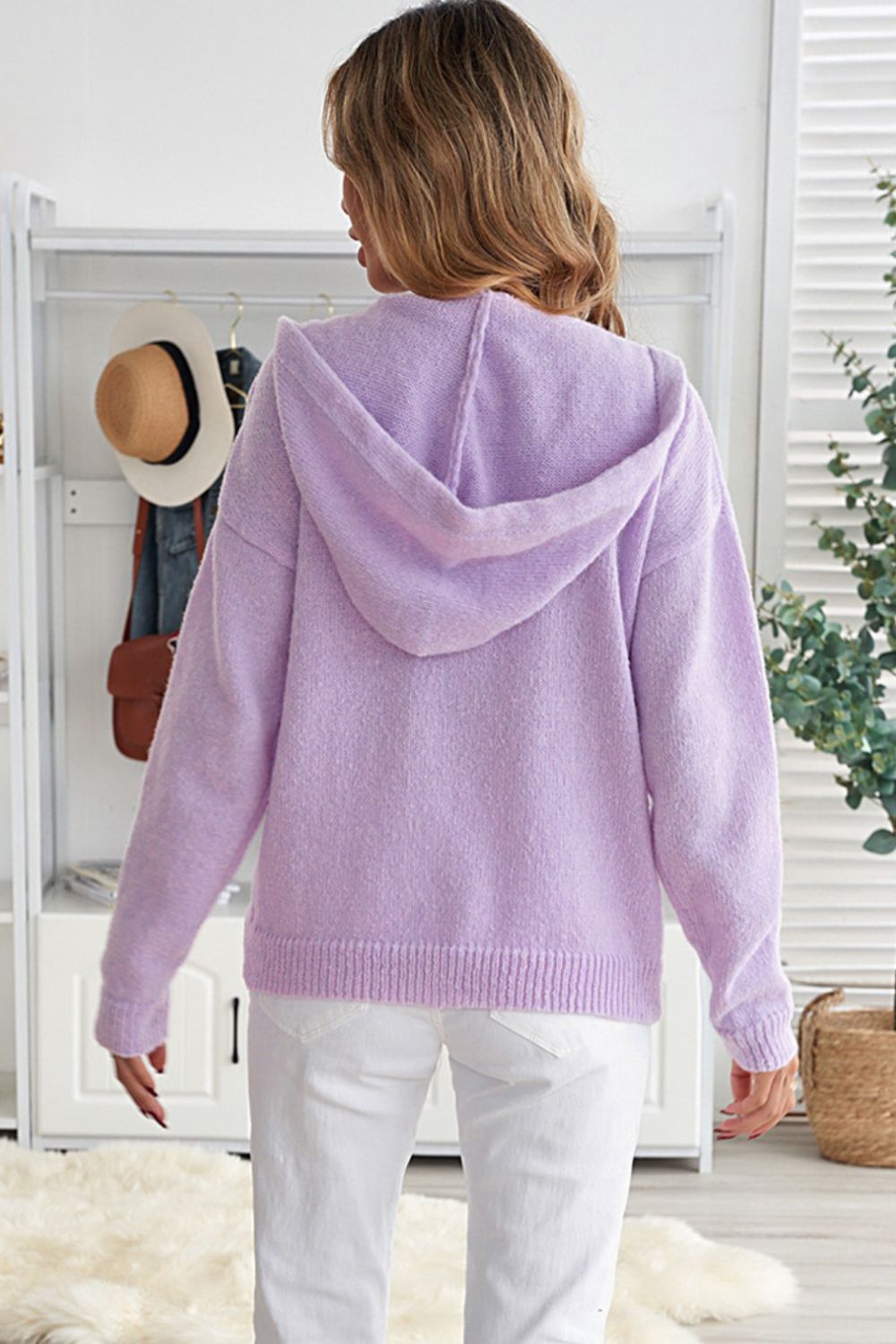 Lace Trim Half-Button Drawstring Knit Hoodie