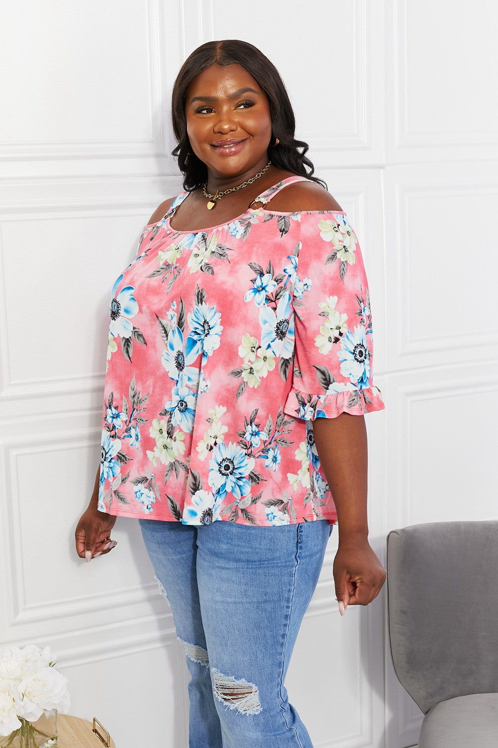 Sew In Love Full Size Fresh Take  Floral Cold-Shoulder Top