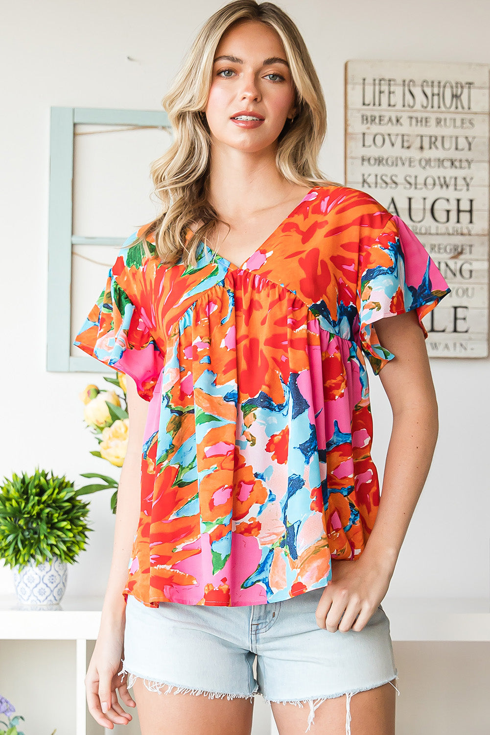 Floral V-Neck Short Sleeve Blouse