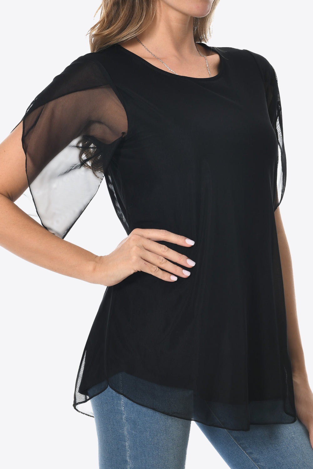 Round Neck Curved Hem Blouse