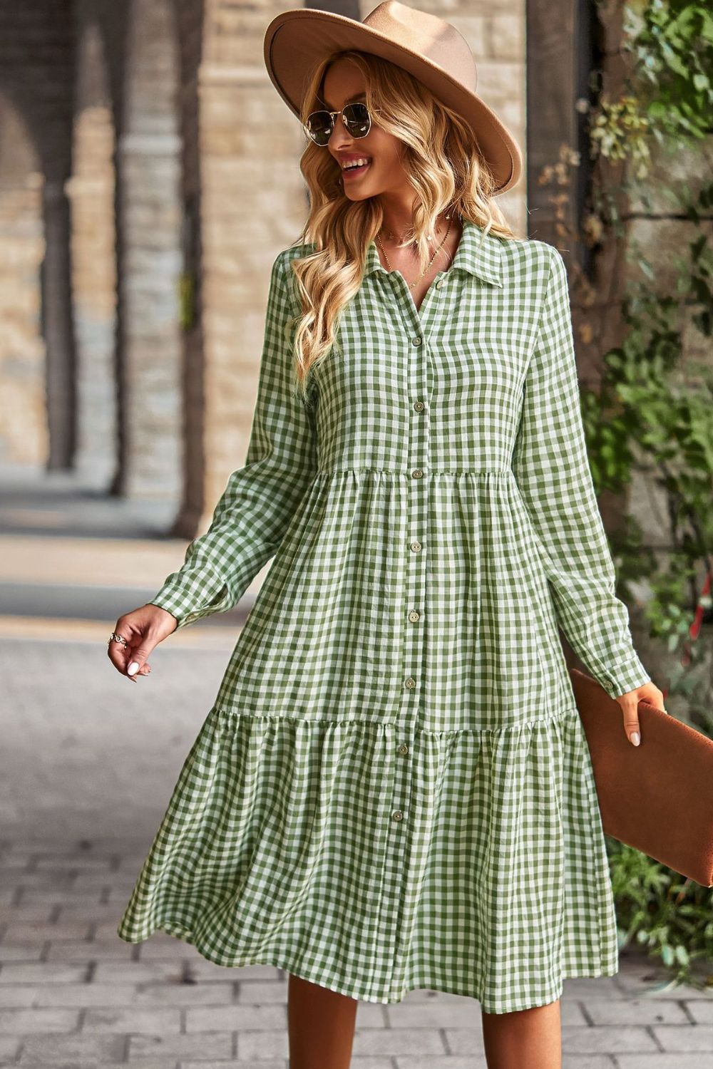Collared Neck Long Sleeve Midi Dress