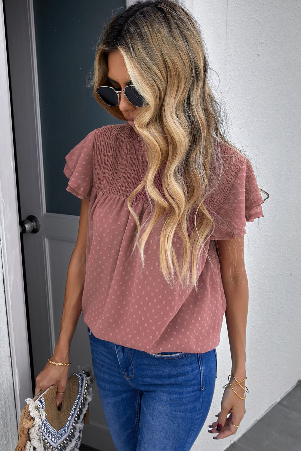 Polka Dot Smocked Flutter Sleeve Blouse