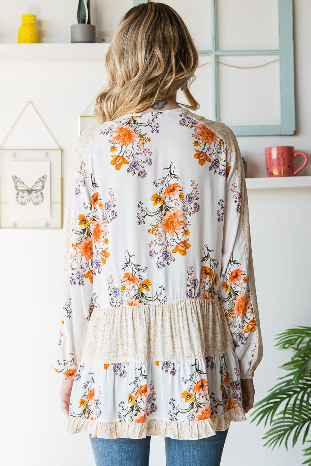 Floral Tie Neck Tiered Blouse