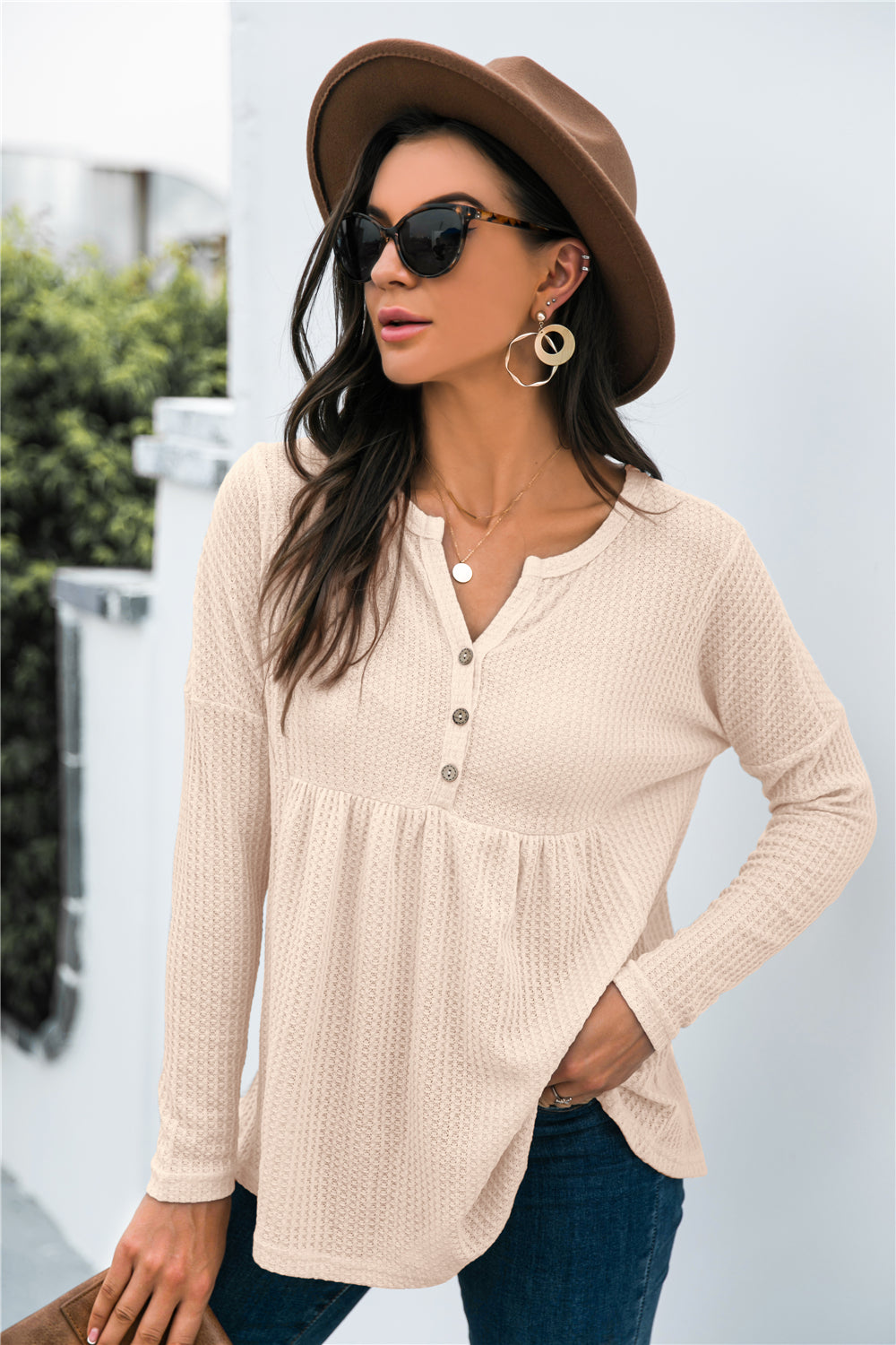 Button Front Waffle Knit Babydoll Top