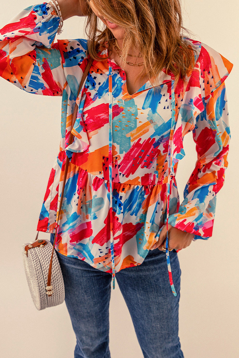 Brush Stroke Ruffled Tie Neck Blouse