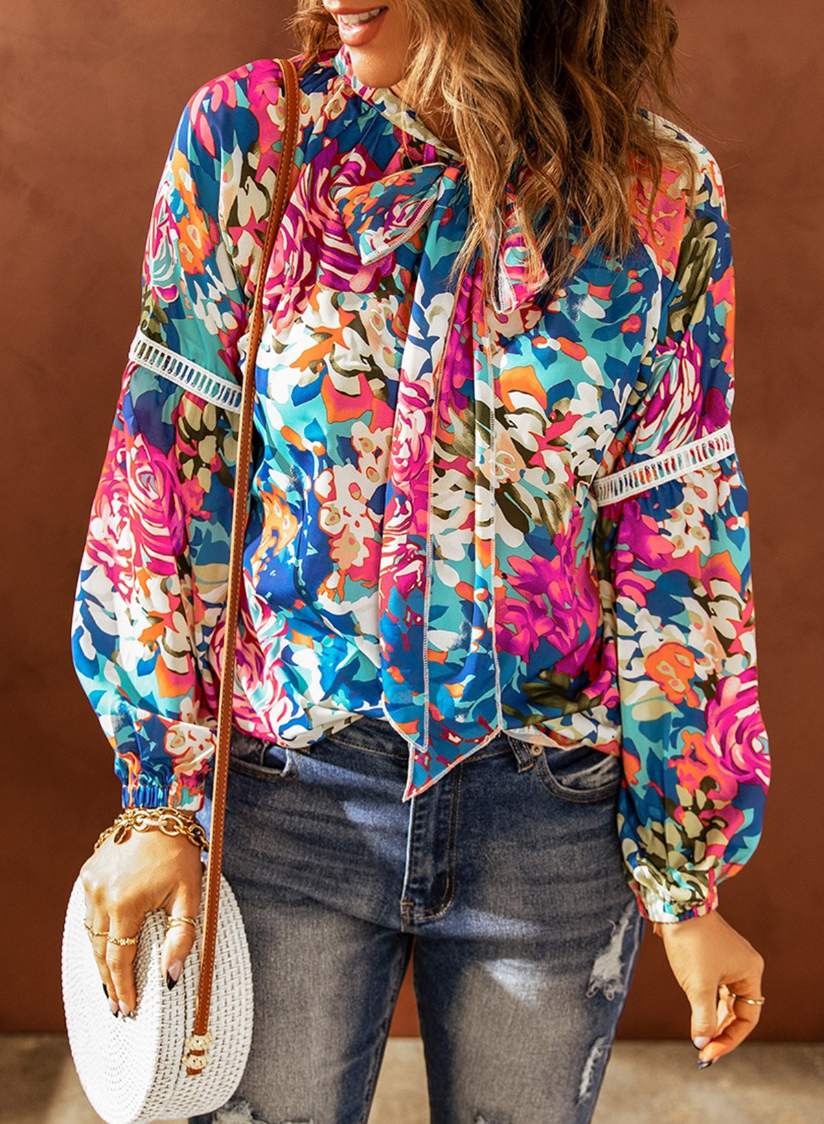 Floral Tie Neck Balloon Sleeve Top