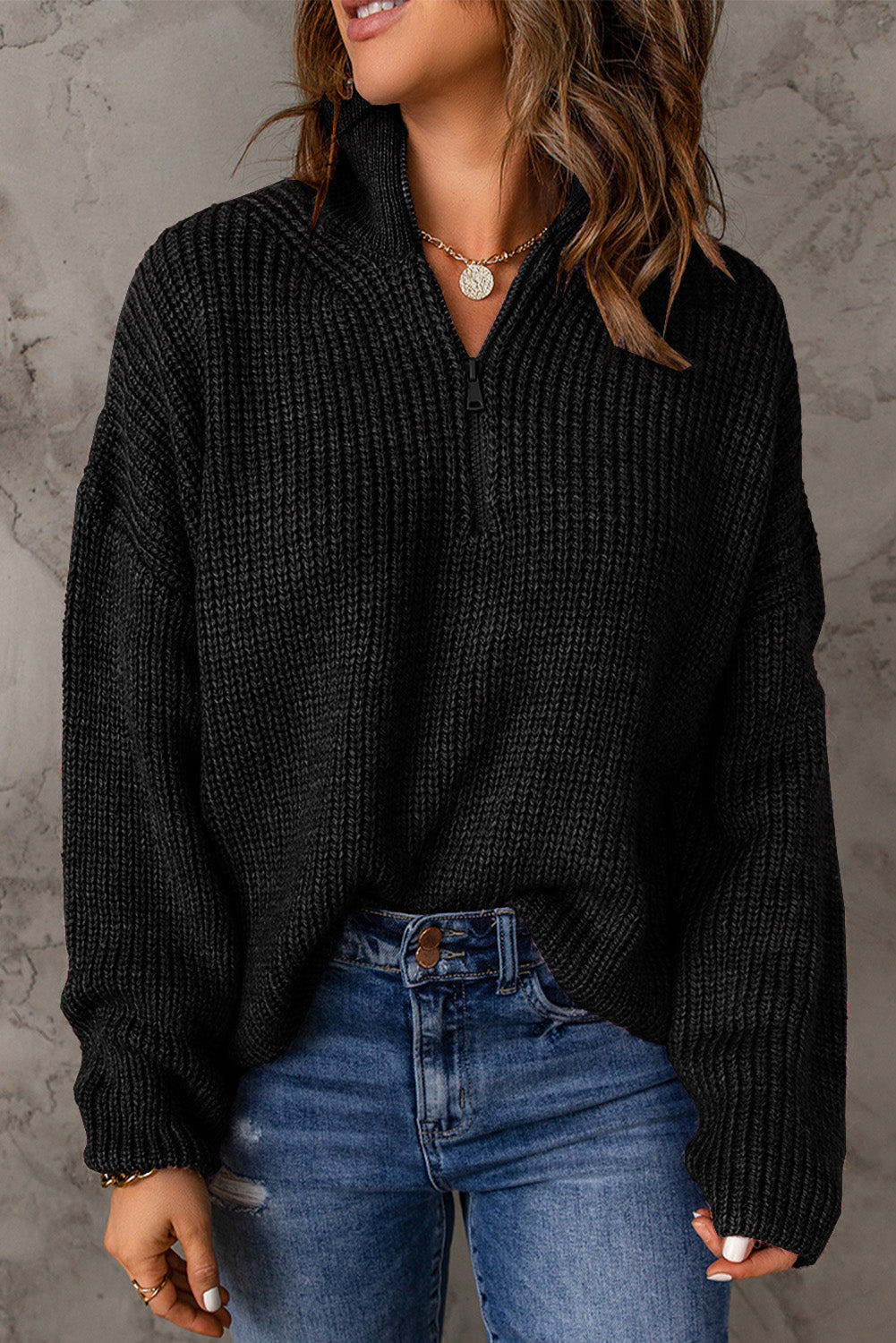 Half Zip Rib-Knit Dropped Shoulder Sweater