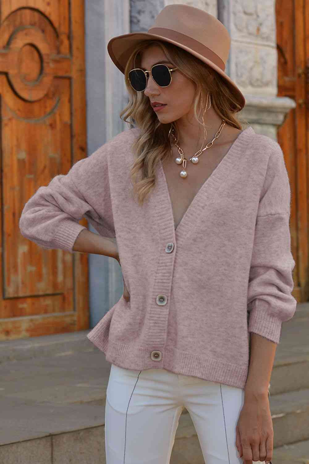 V-Neck Button-Down Dropped Shoulder Cardigan