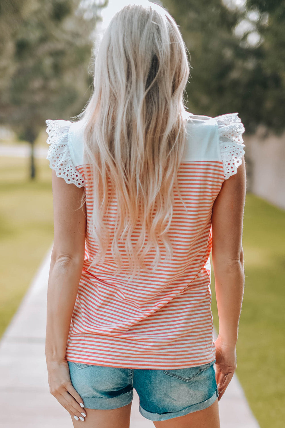 Striped Lace Trim Flutter Sleeve Top