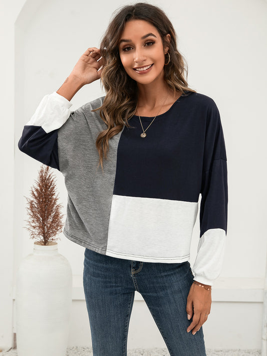 Three-Tone Color Block Dropped Shoulder Long Sleeve Tee