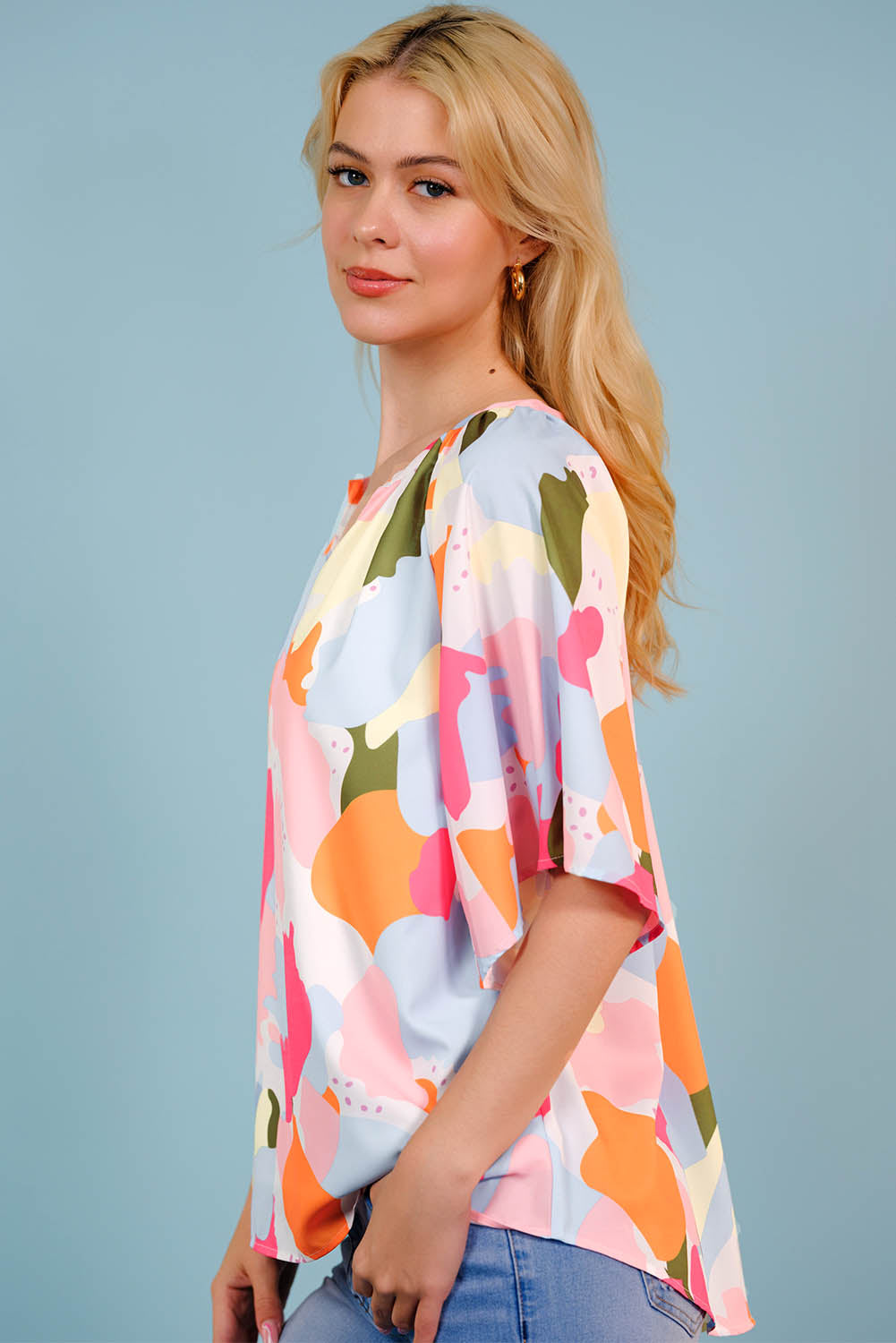 Printed Notched Neck Half Sleeve Blouse