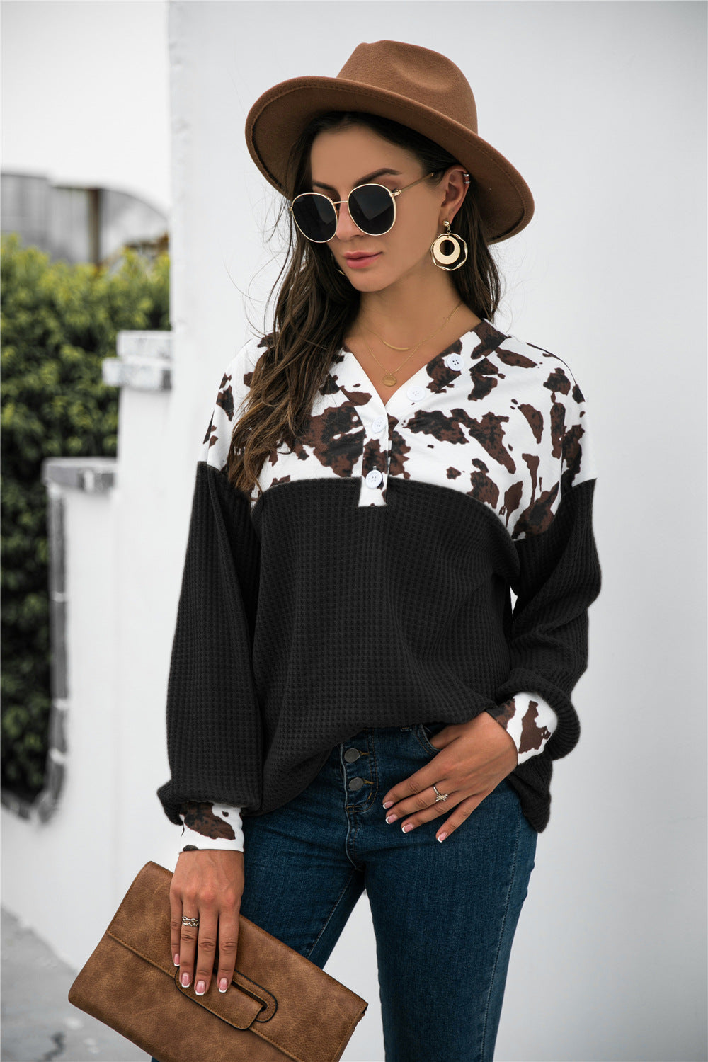 Animal Print Color Block Waffle-Knit Top